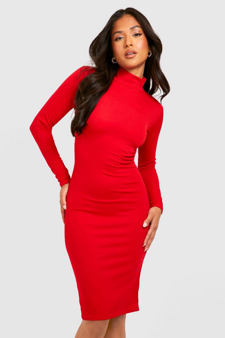 Red Petite High Neck Open Back Midi Dress image number 1