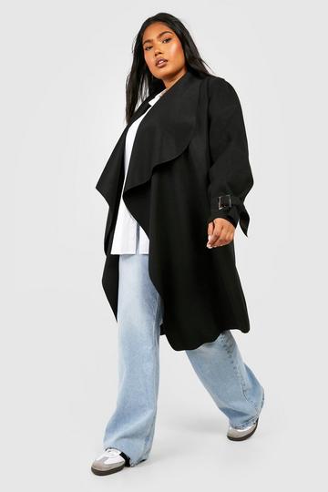Black Plus Waterfall Longline Cuff Detail Coat