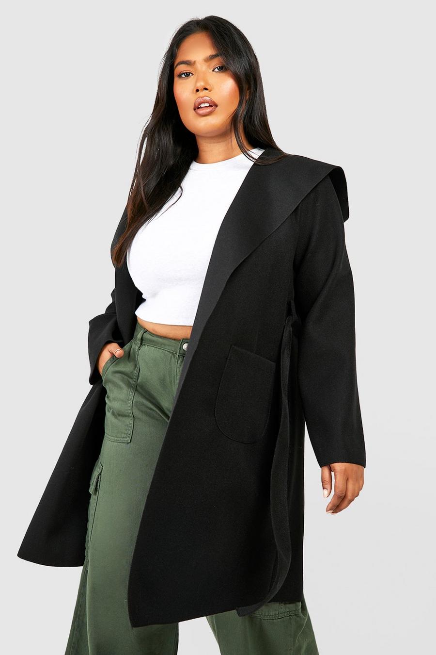 Cappotto Plus Size effetto lana con cappuccio, Black
