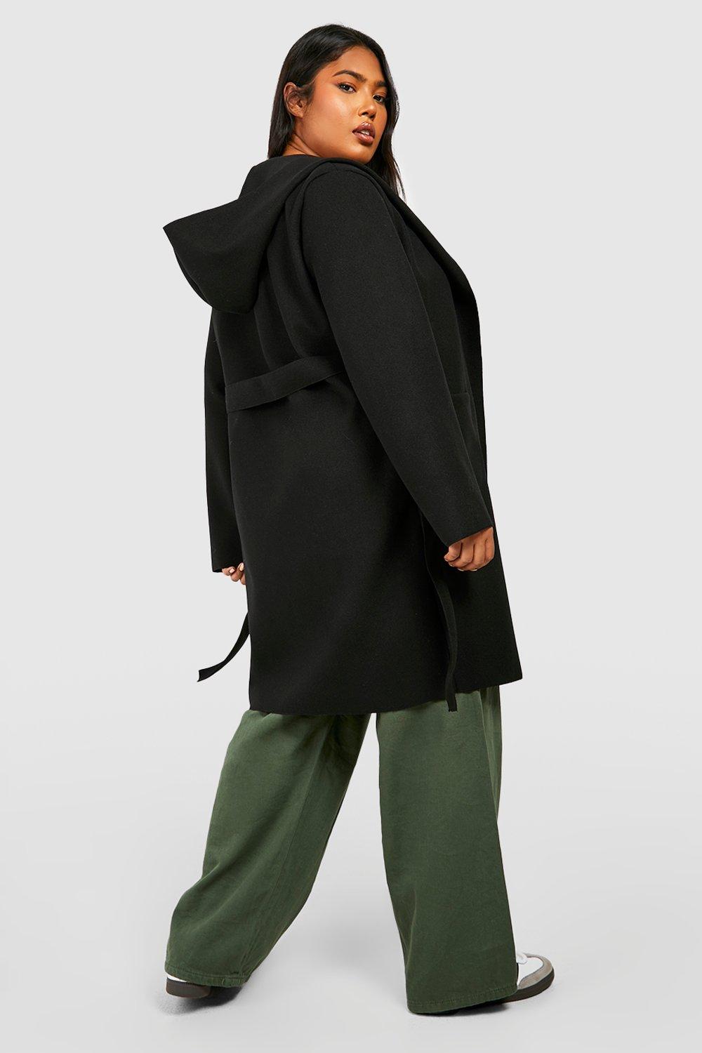 Boohoo hooded wool look belted sale coat