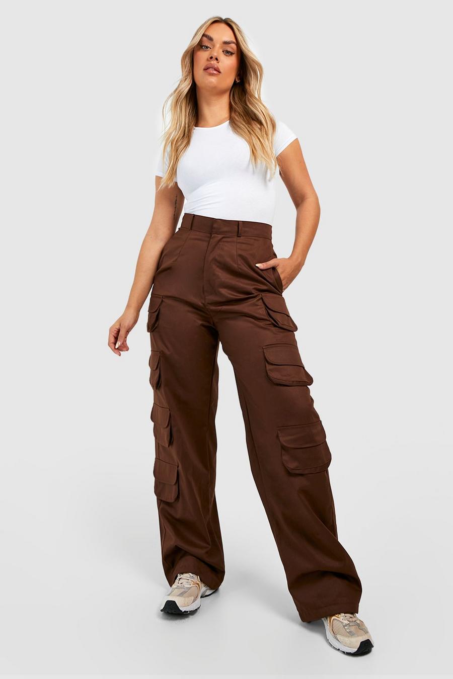 Chocolate brown Plus Multi Pocket Straight Leg Cargo Pants