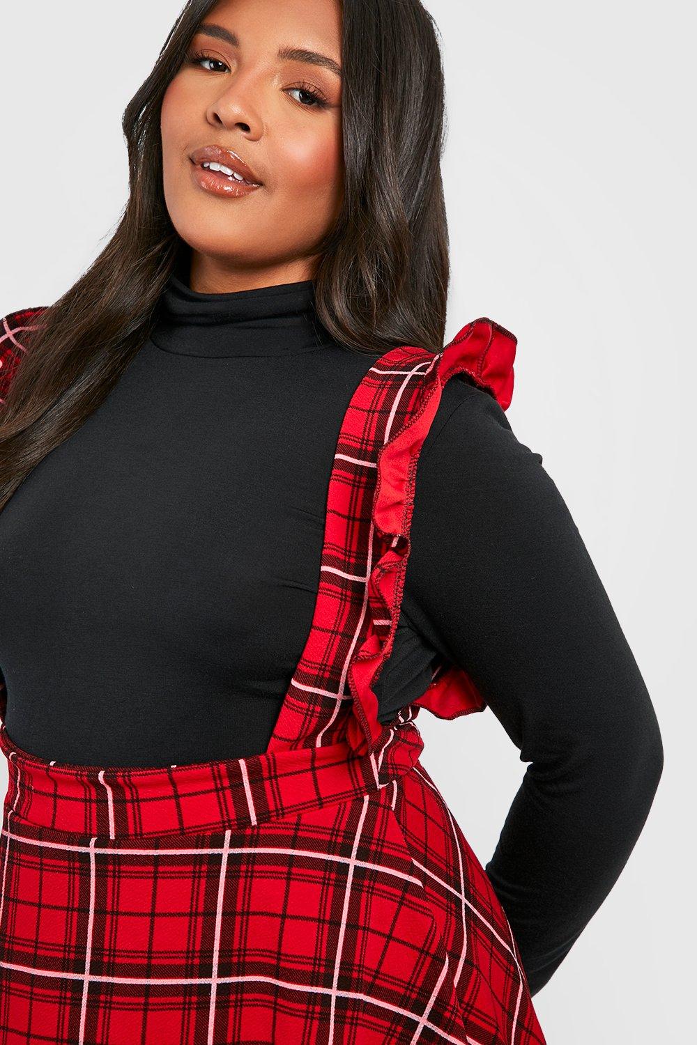 Plus Plaid Ruffle Strap Detail Pinafore Dress