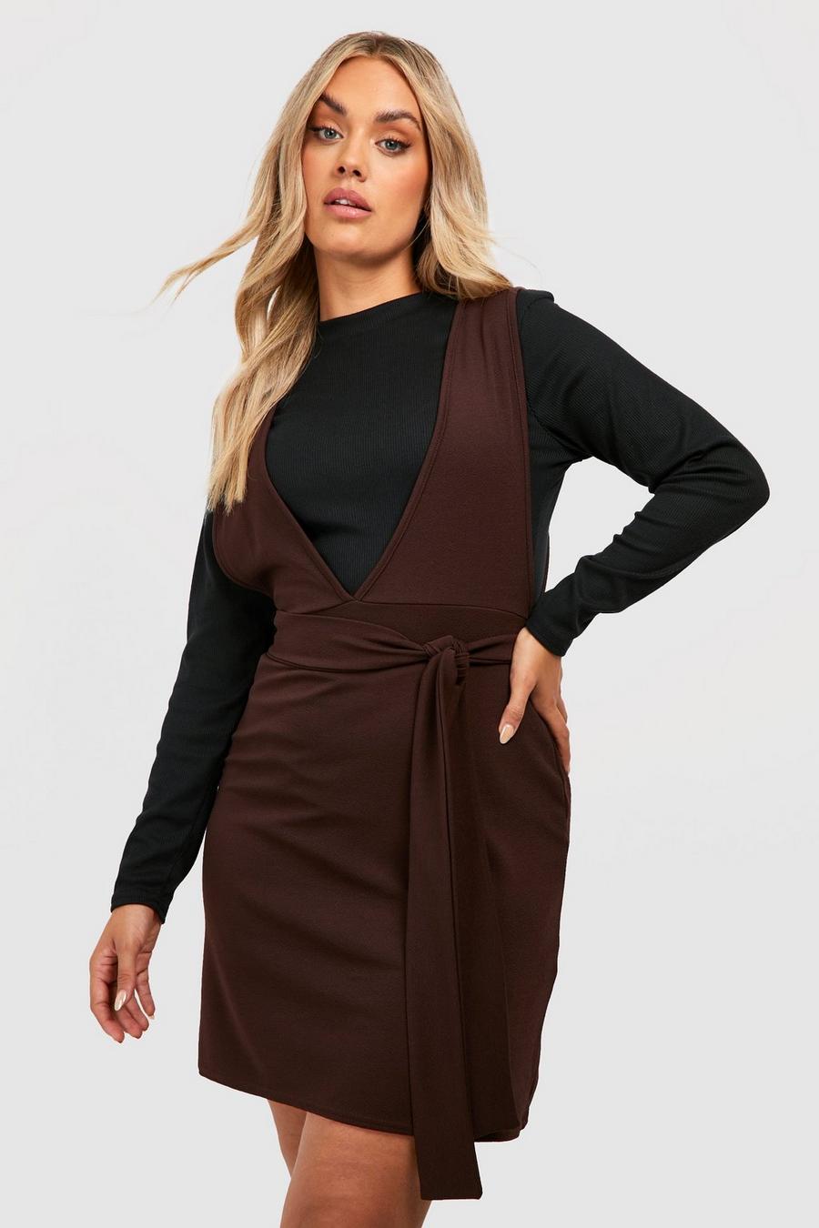 Chocolate brown Plus V Neck Pinafore Dress image number 1