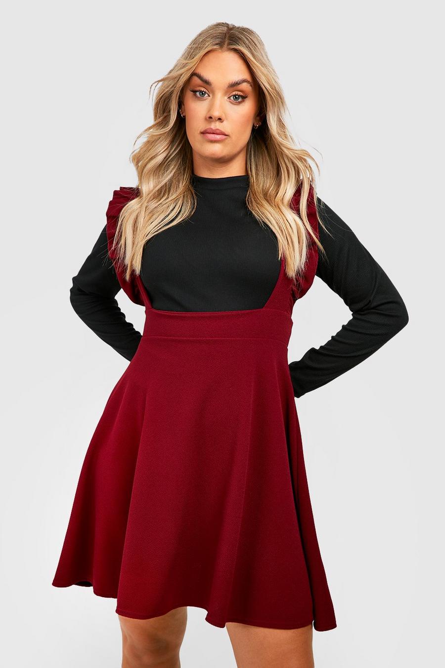 Berry red Plus Ruffle Strap Detail Pinafore Dress image number 1