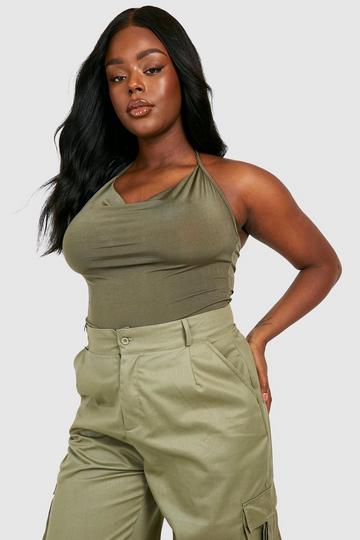 Plus Slinky Cowl Neck Bodysuit khaki