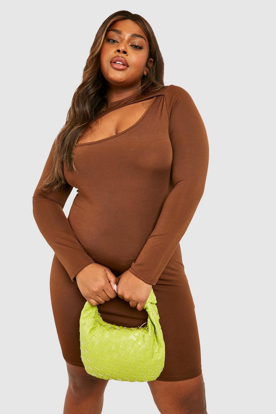 Chocolate brown Plus Slinky Long Sleeve Cut Out Bodycon Dress
