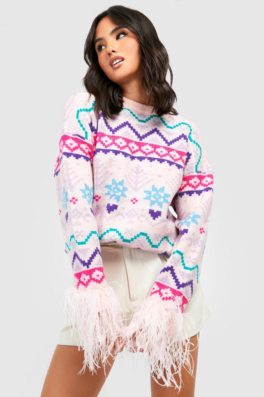 Pink Premium Fairisle Feather Christmas Sweater image number 1