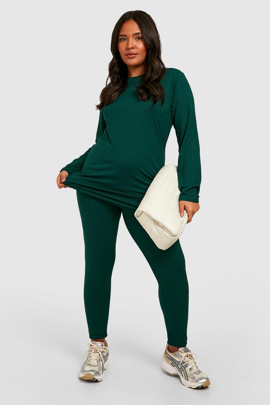 Top Plus Size a coste oversize & legging coordinati da casa, Dark green image number 1