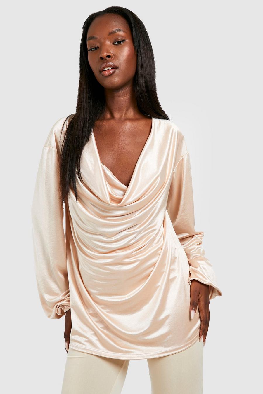 Champagne Cowl Neck Satin Slinky Blouse image number 1