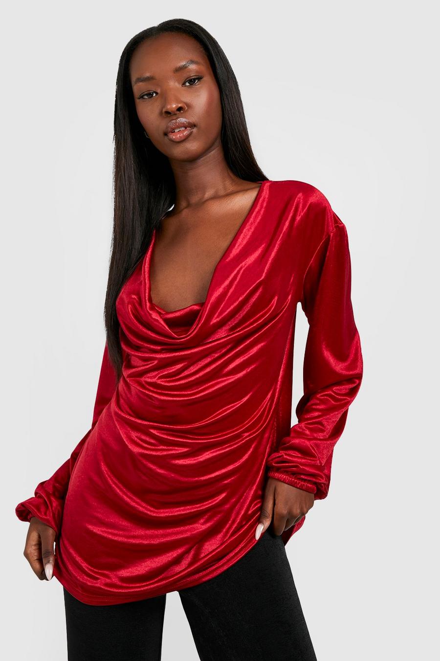 Red Cowl Neck Satin Slinky Blouse image number 1