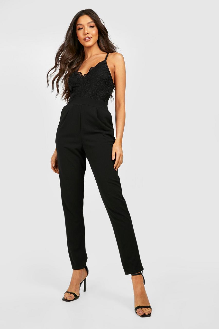 Black Strappy Lace Tapered Leg Jumpsuit image number 1