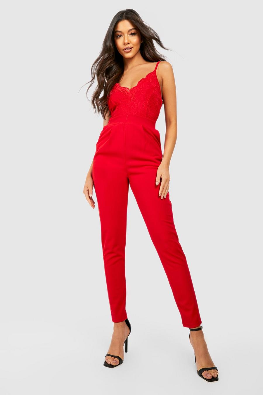 Red Strappy Lace Tapered Leg Jumpsuit image number 1