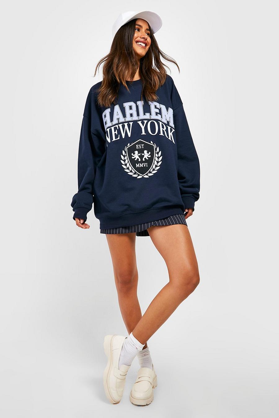 Navy marinblå Harlem Puff Print Oversized Sweatshirt