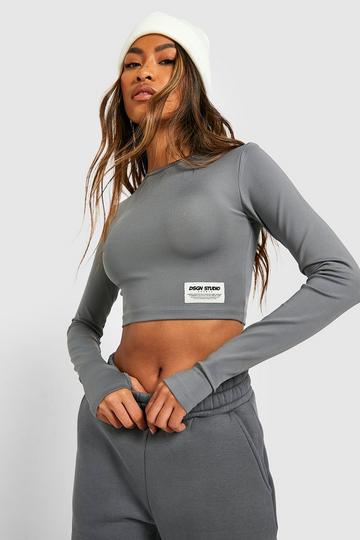 Woven Label Long Sleeve Active Gym Crop Top charcoal