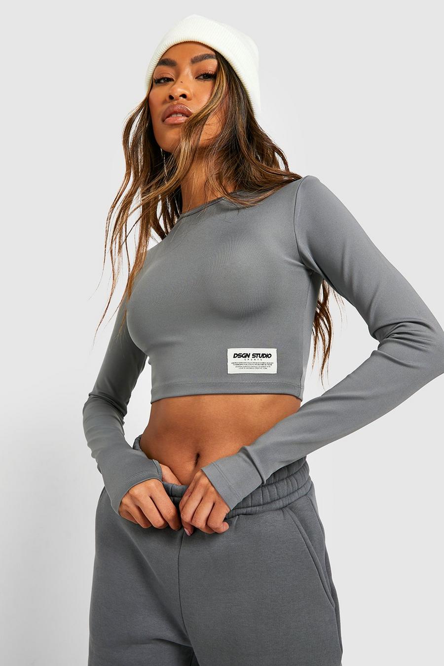 Charcoal Woven Label Long Sleeve Active Gym Crop Top image number 1