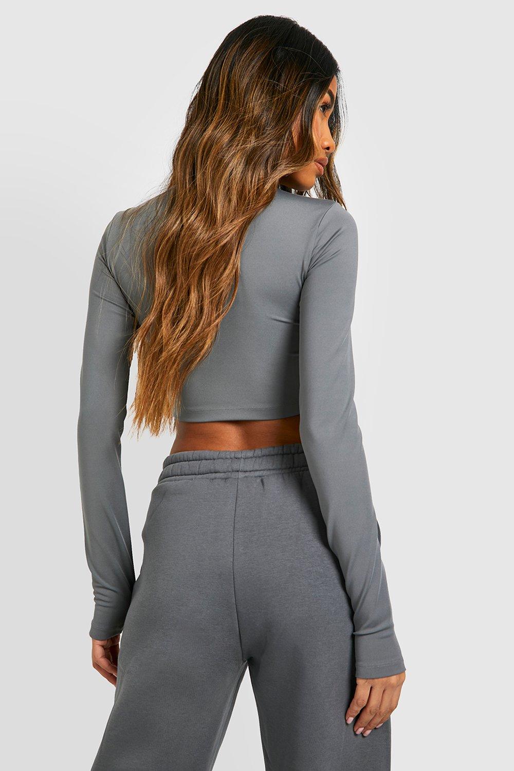 Charcoal Woven Label Long Sleeve Active Gym Crop Top