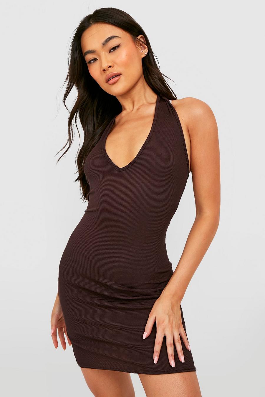 Chocolate brown Ribbed Halter Tie Back Bodycon Dress