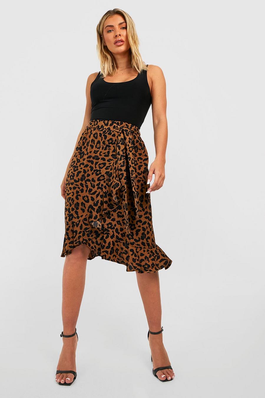 Camel Leopard Tie Waist Wrap Midi Skirt  image number 1