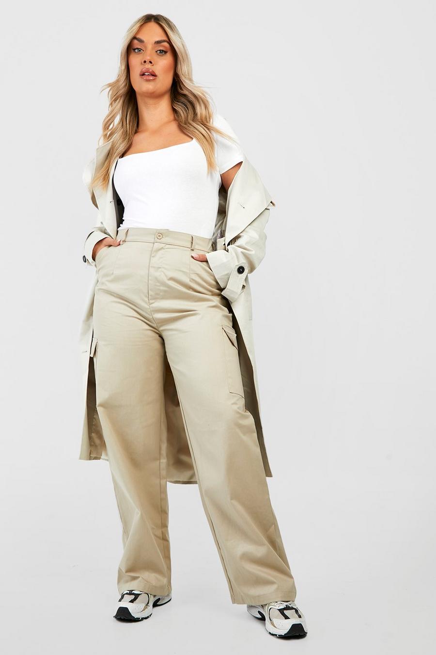 Beige Plus High Waisted Straight Leg Cargo Trousers