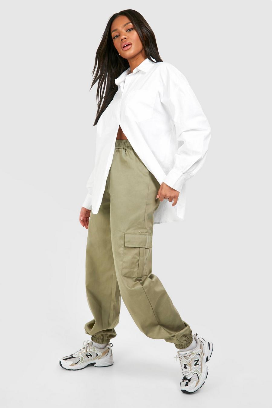 Olive מכנסי טרנינג דגמ"ח בגזרה גבוהה עם כיסים image number 1