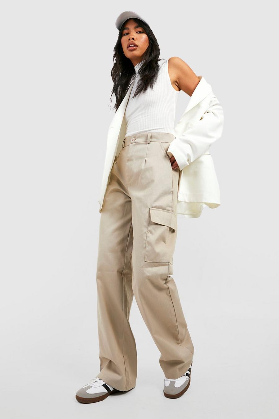 Beige High Waisted Straight Leg Cargo Pants image number 1