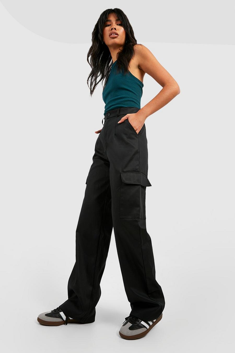 Black High Waisted Straight Leg Cargo Pants image number 1