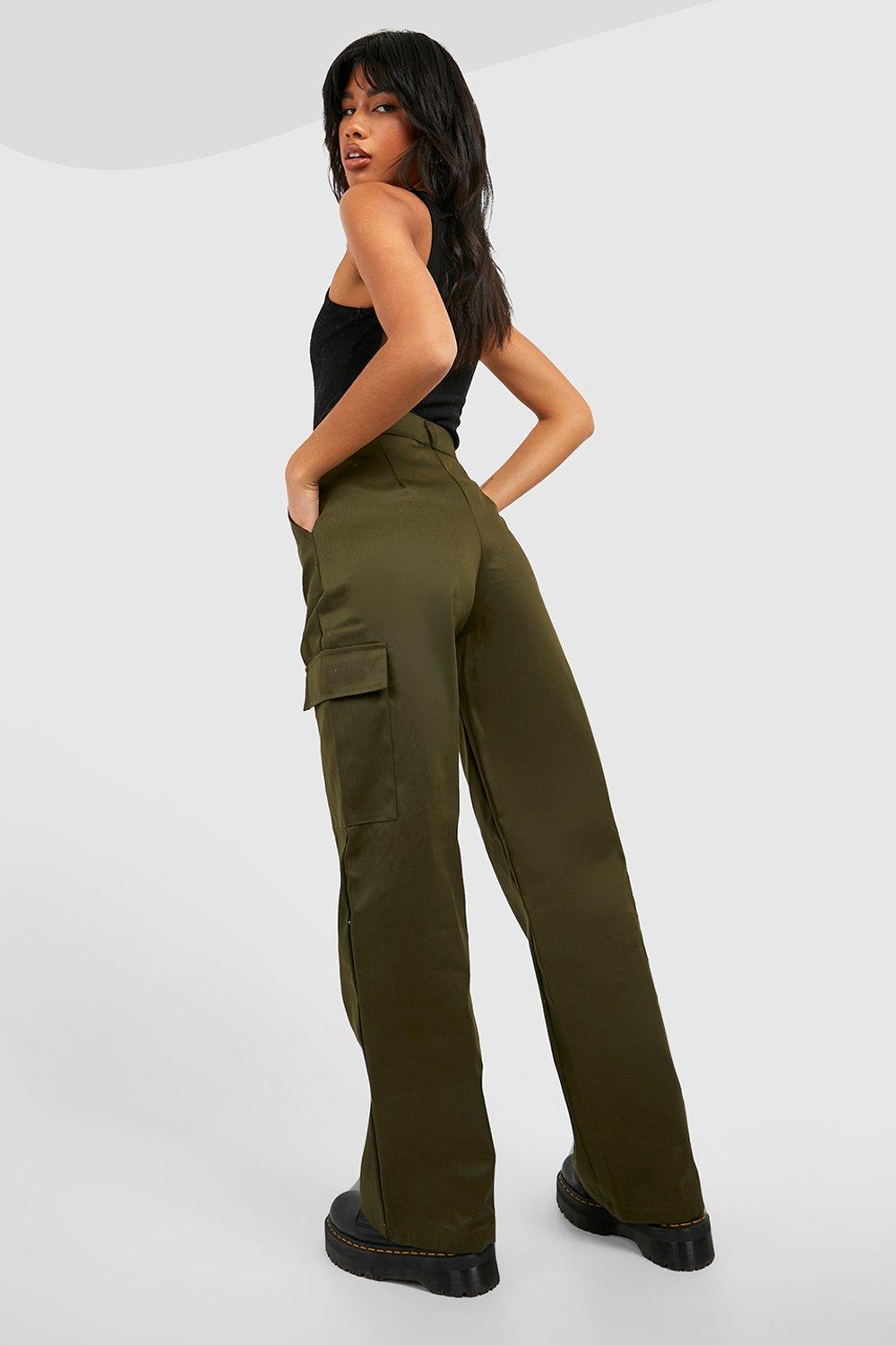 LUXUR Femmes Cargo Pantalon Jambe Droite Pantalon Palazzo Couleur Unie Bas  Unis Taille Haute Kaki M 