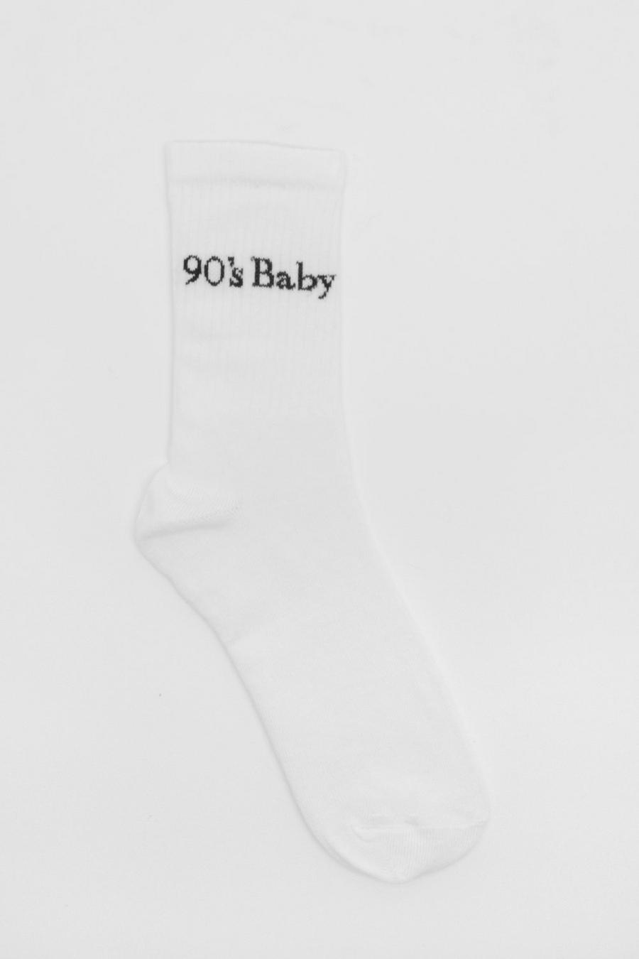 Calzini sportivi bianchi a coste con scritta “90’s Baby”, White bianco