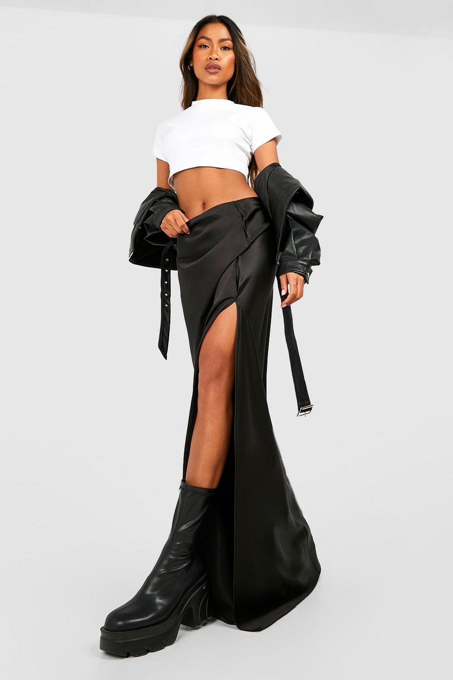 Black Satin High Split Maxi Skirt image number 1