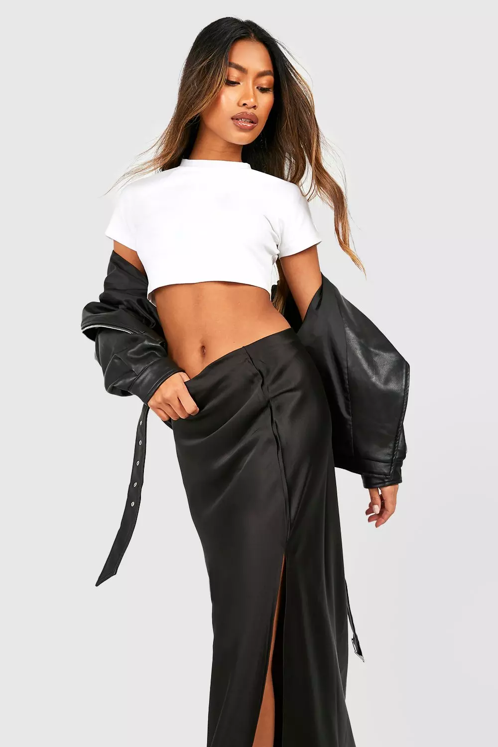 Black satin maxi skirt with split sale