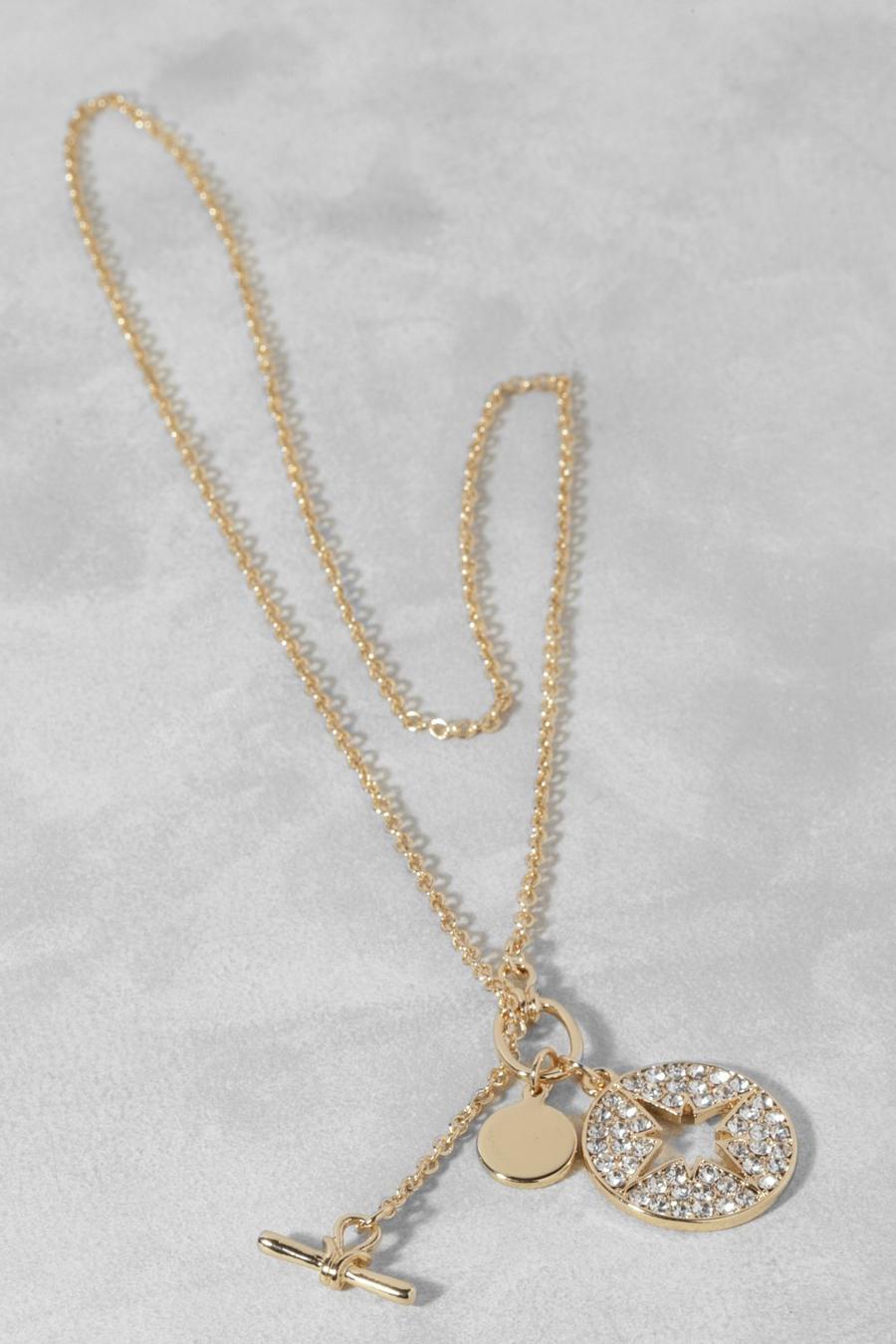 Gold metallic Pave North Star Disc Charm Chain Necklace