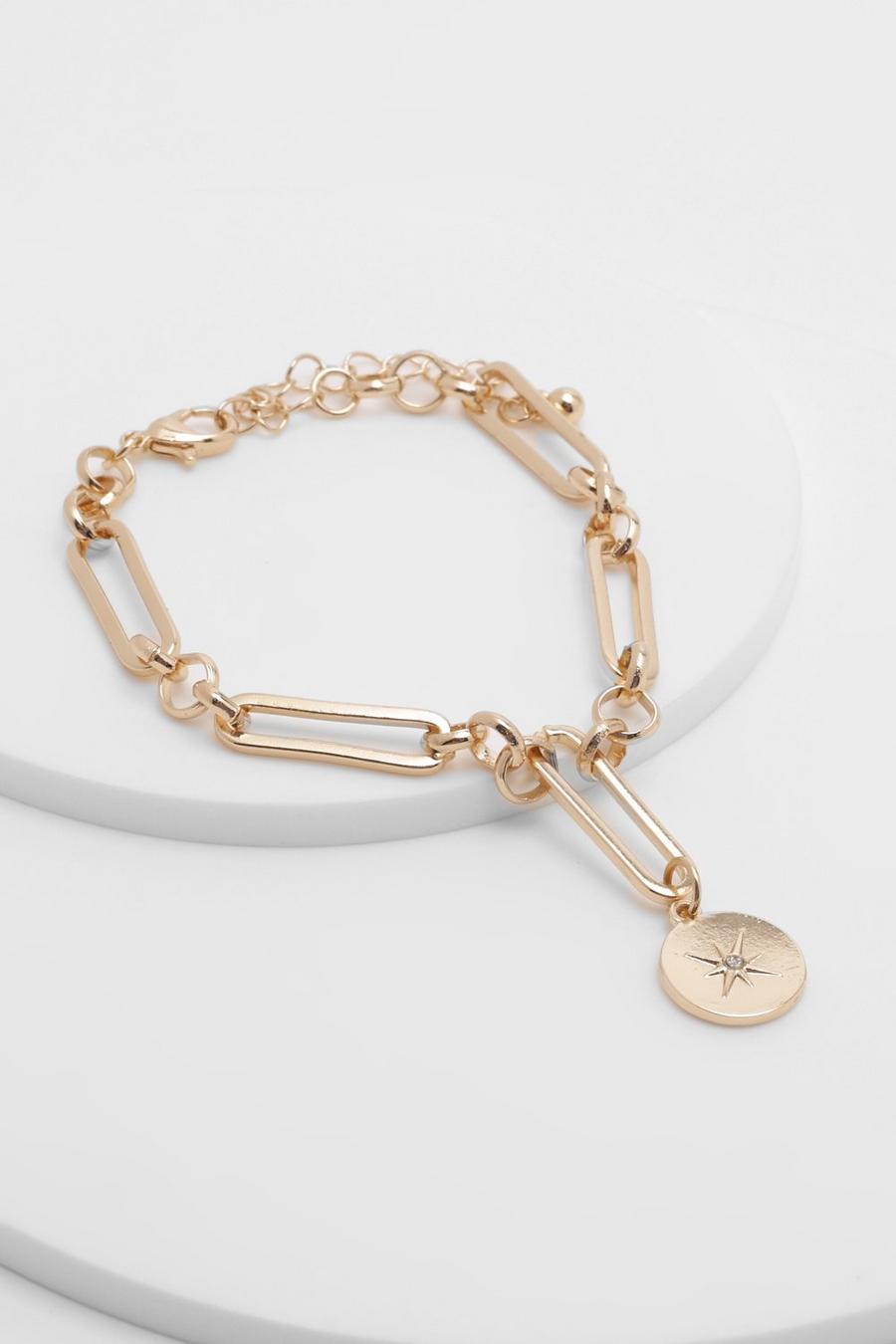 Gold metallic Celestial Disc Charm Oval Link Chain Bracelet