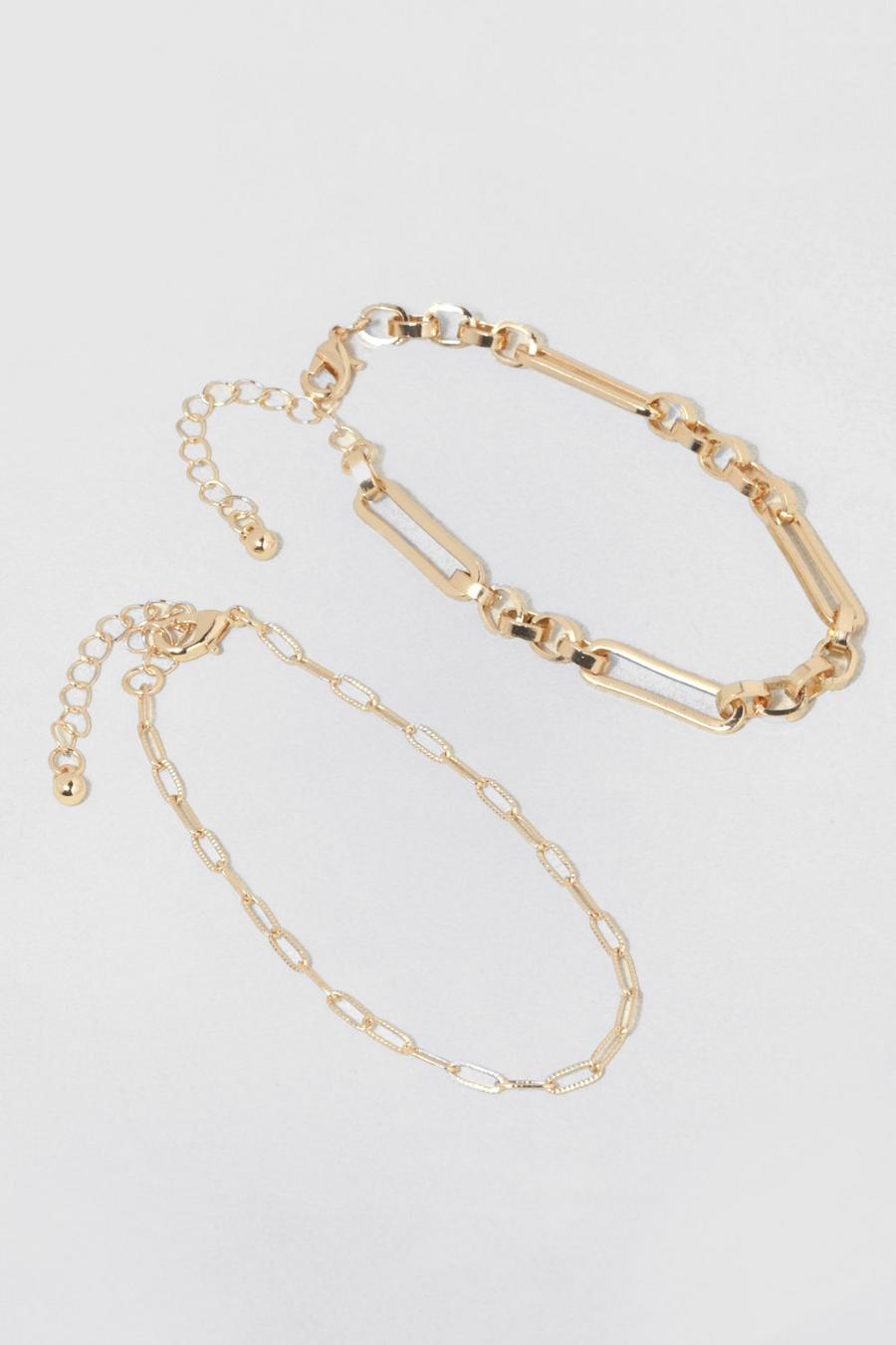Gold metallic Long Oval Link Two Pack Bracelets image number 1