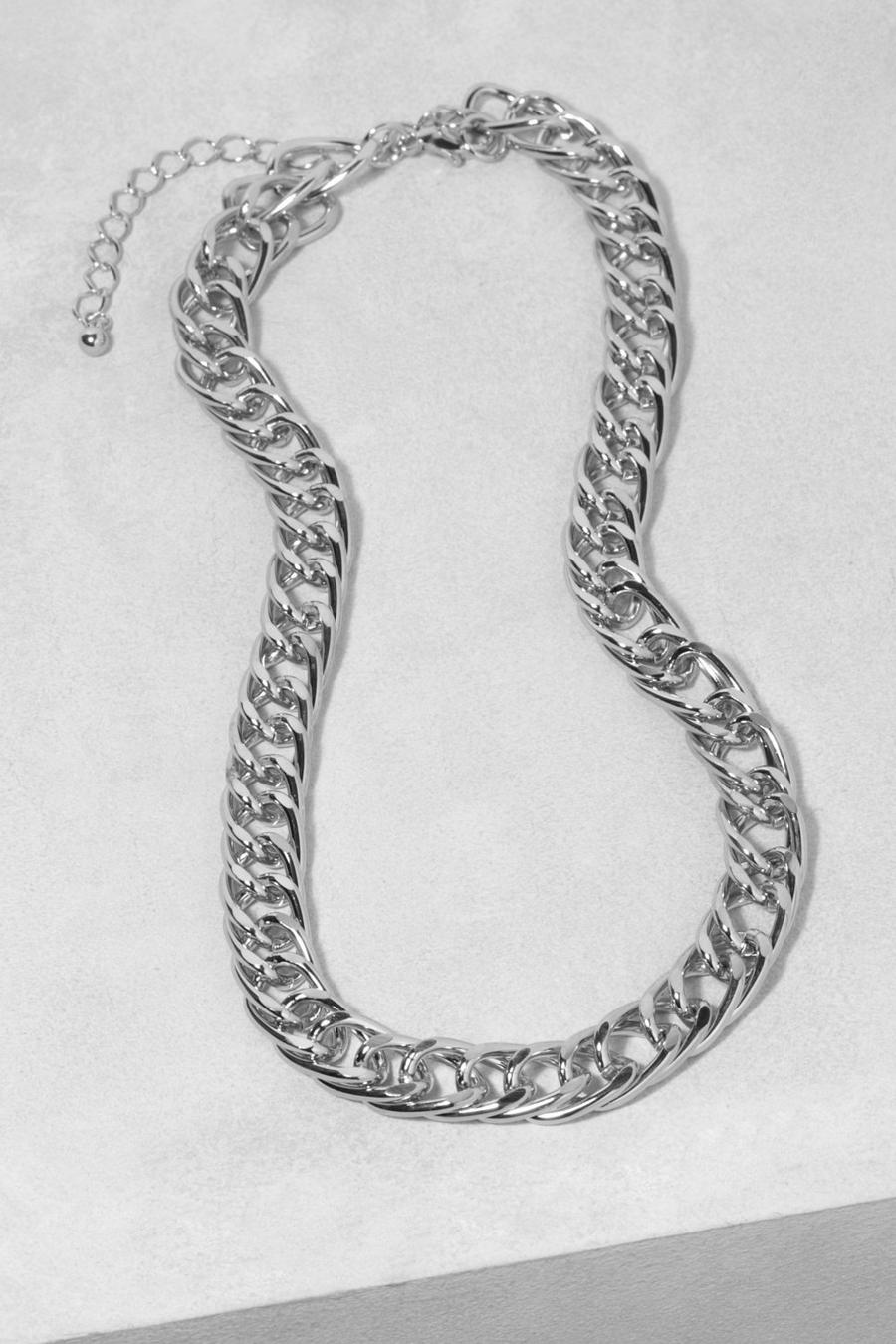 Silver Chunky Double Link Flat Chain Necklace image number 1