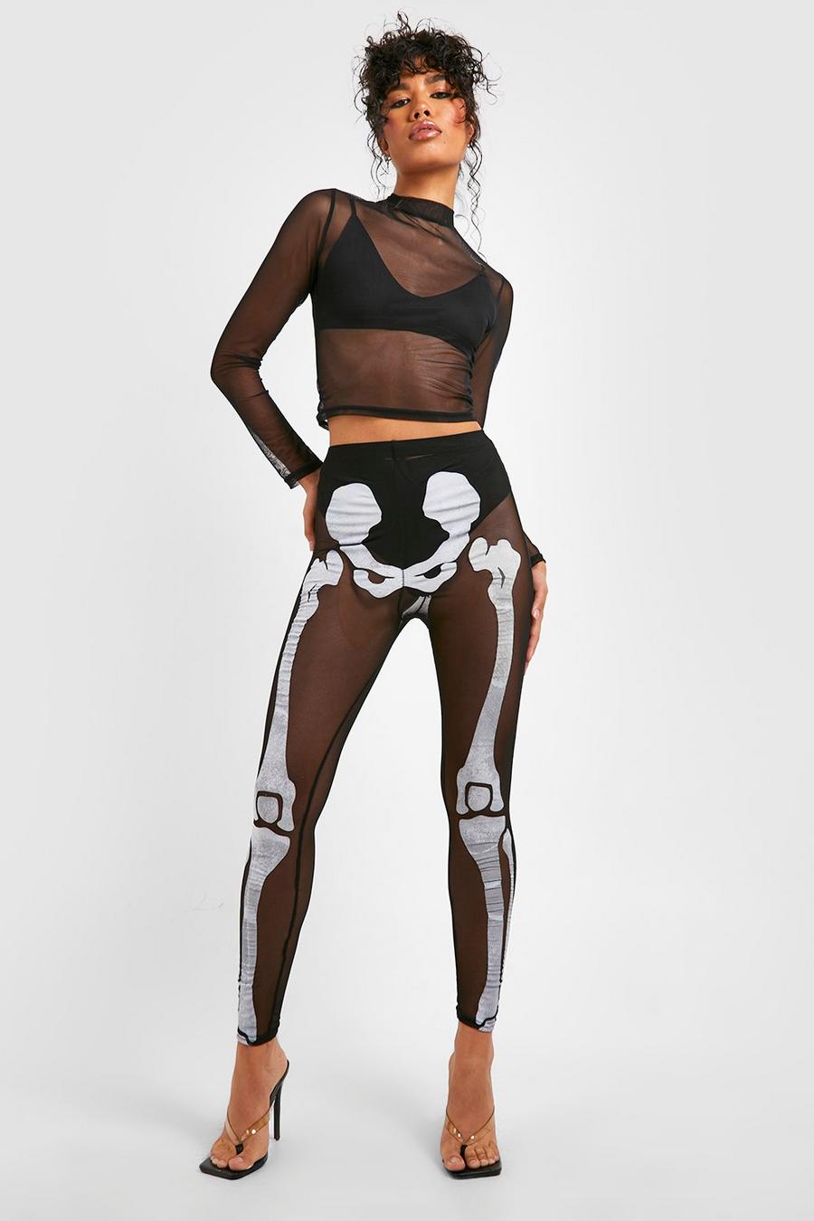 Black Halloween Skelett Leggings med hög midja image number 1