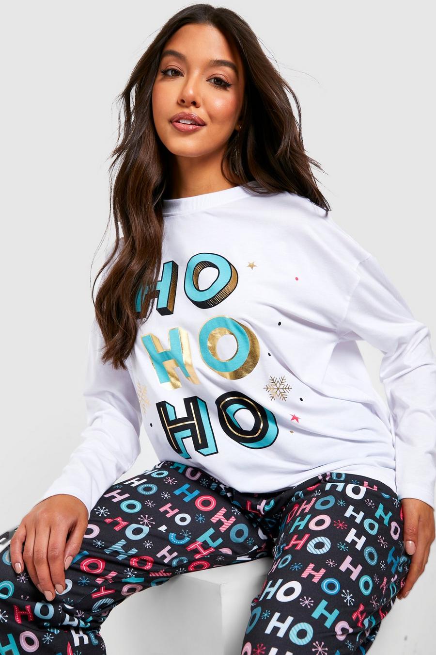 Blue Ho Ho Ho Kerst Pyjama T-Shirt En Broek Set Met Print image number 1