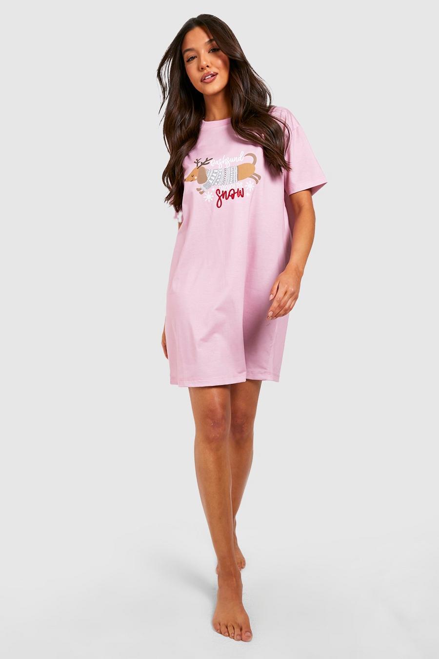 Pink Dachshund Through The Snow Pajama Sleep T-Shirt image number 1