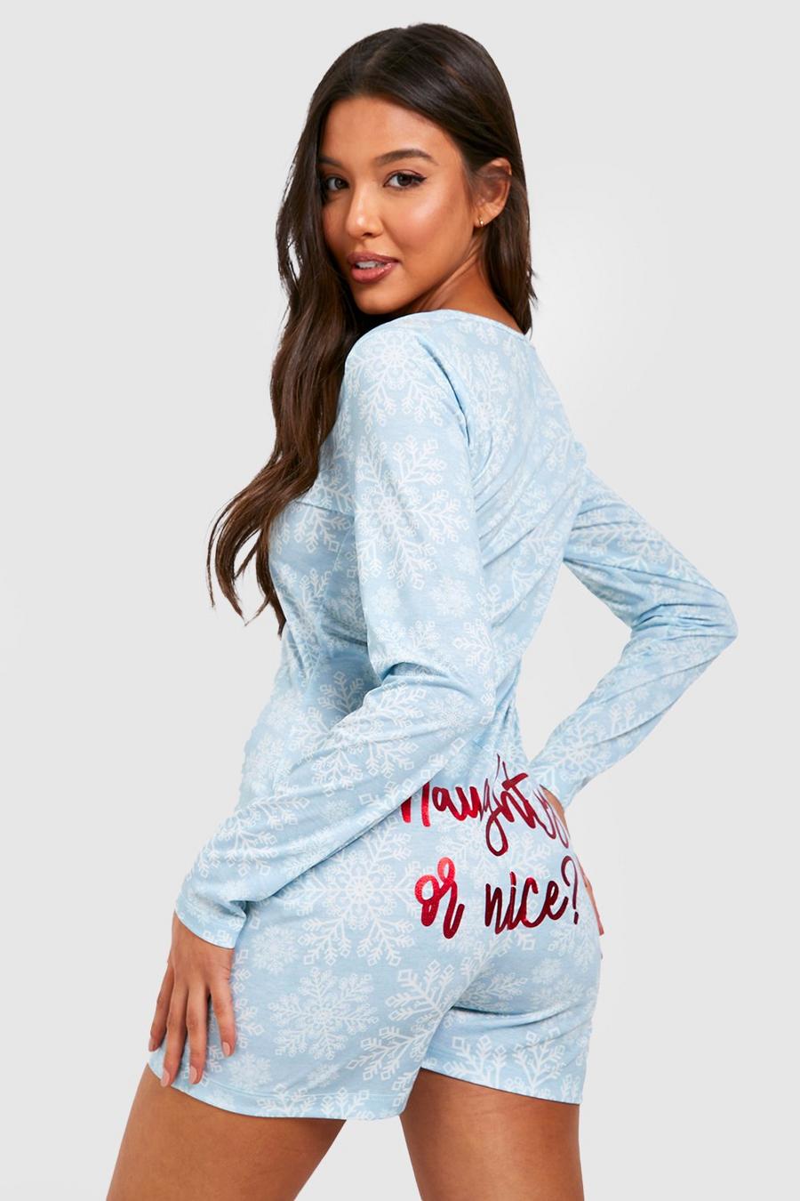 Blue Naughty Or Nice Jersey Pajama Romper image number 1