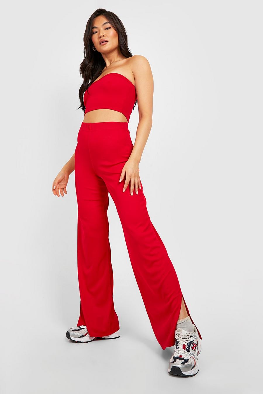 Red Basic Ribbed Split Side Full Length Trousers image number 1