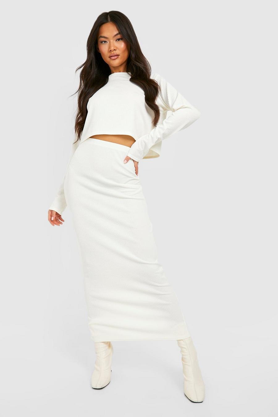 Falda midi de canalé con abertura, Ecru blanco