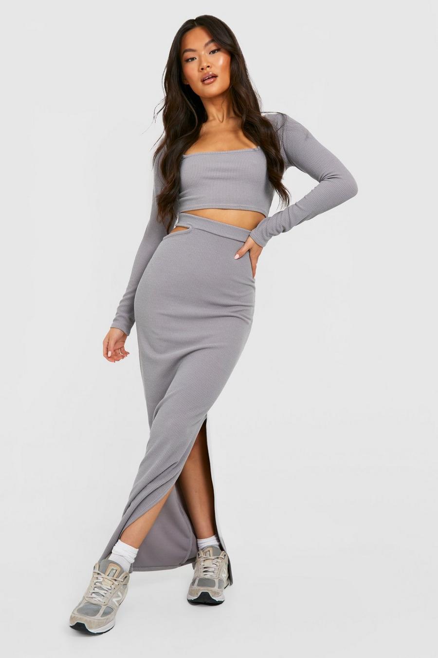 Grey grau Ribbed Waist Detail Side Spilt Maxi Skirt 