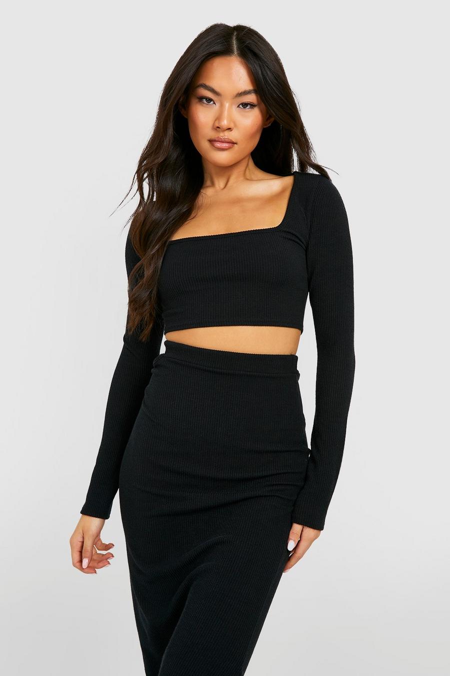 Black Ribbed Square Neck Long Sleeve Cropped Top image number 1