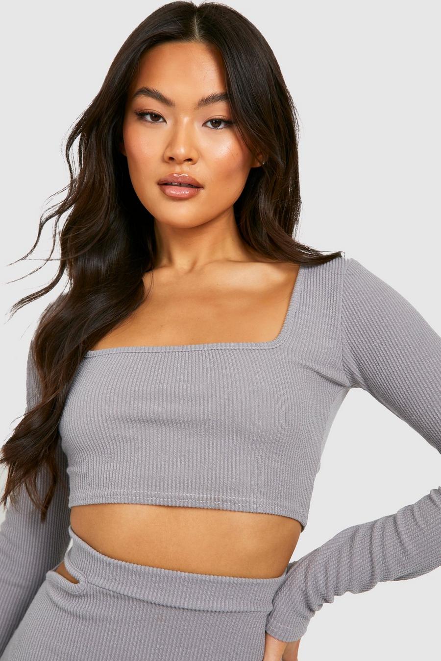 Women's Ribbed Square Neck Long Sleeve Cropped Top | Boohoo UK