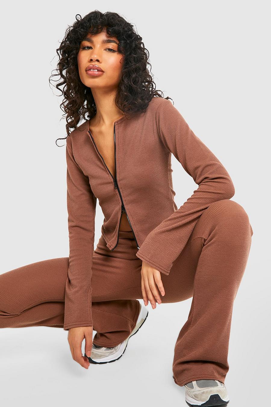 Chocolate marron Ribbed Skinny Flared Trouser
