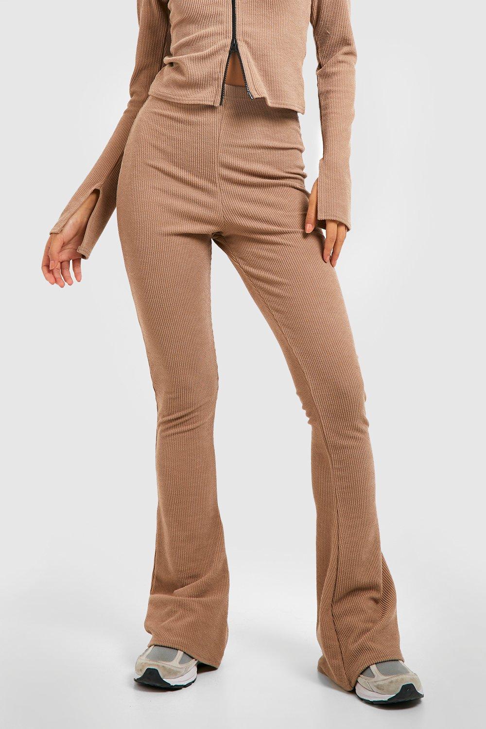 Rib-knit flared trousers - Beige - Ladies