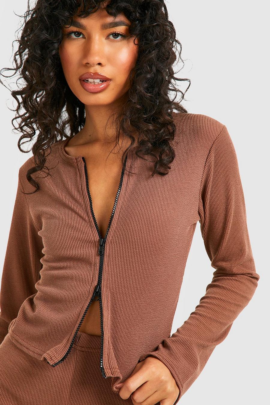 Chocolate brown Ribbed Zip Front Top 