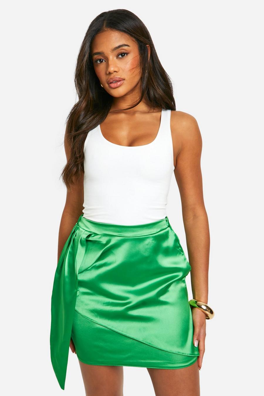 Green Satin Draped Mini Skirt image number 1