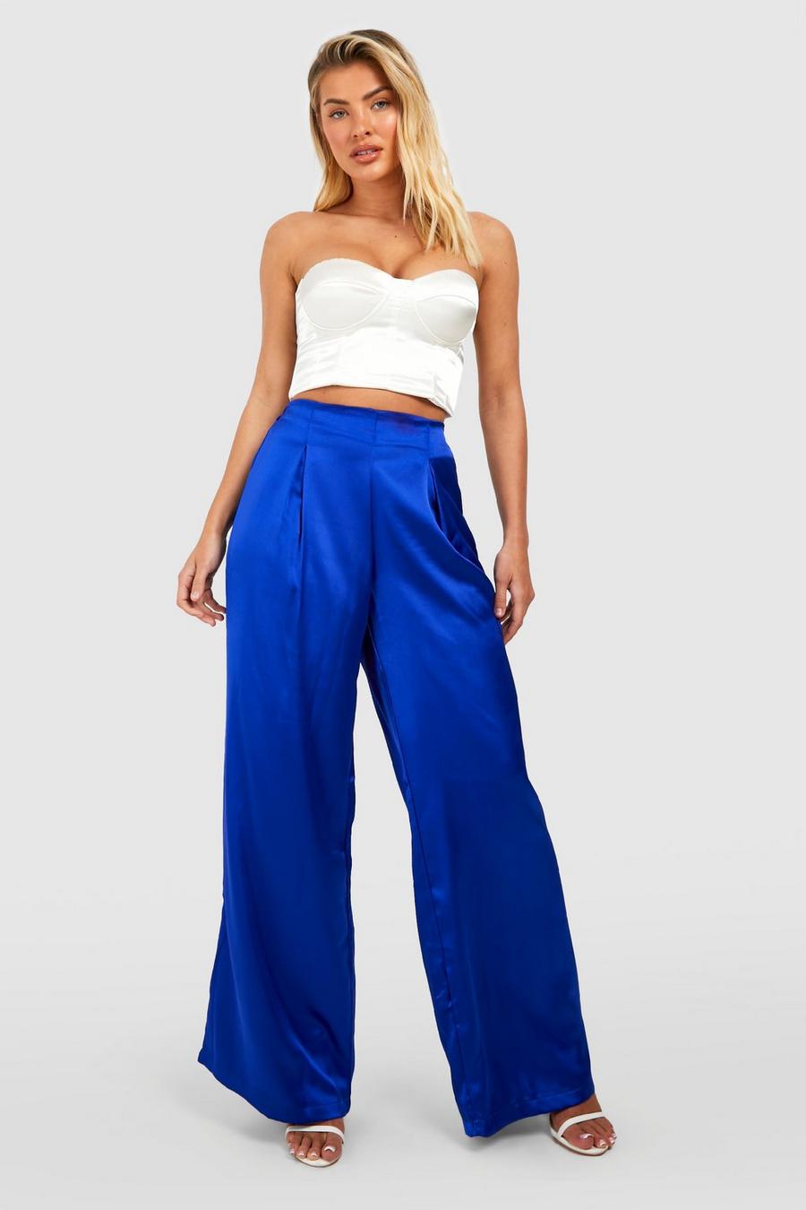Blue Satin Full Length Wide Leg Trousers image number 1
