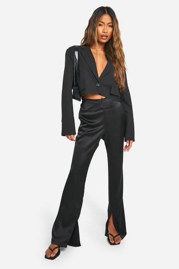 Black Full Length Satin Split Hem Pants