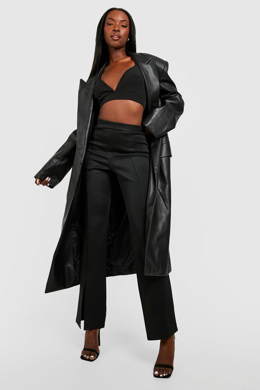 Black High Waisted Split Front Scuba Flared Trousers
